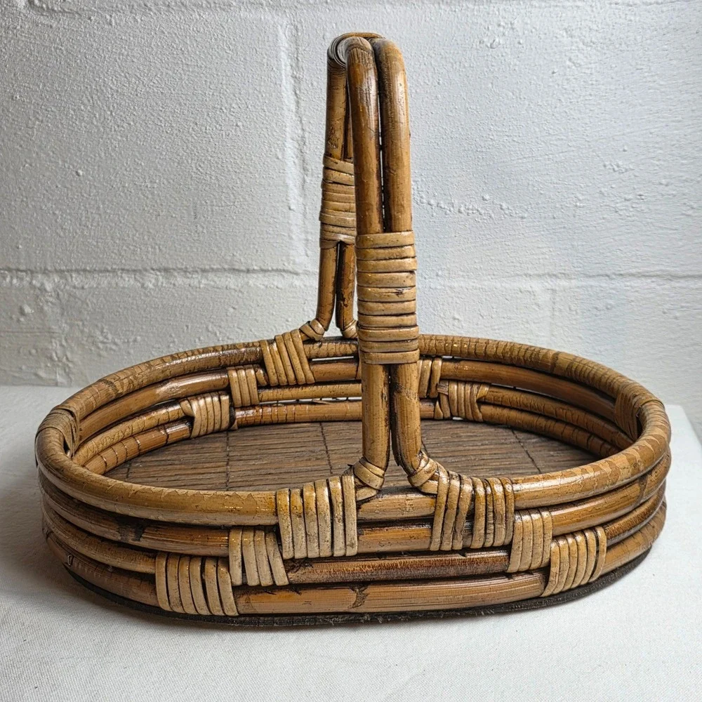 Vintage Bentwood Rattan Oval Basket Tray with Handle Brown Wood Base